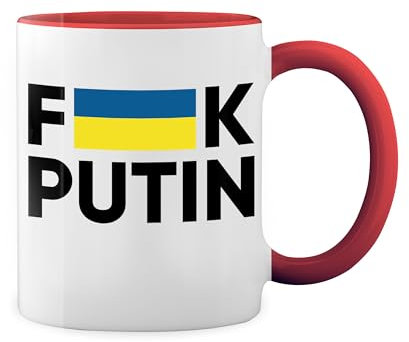 Fuck Putin Fight For Ukraine Weiße Tasse Mug mit roten Felgen und Griff