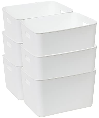 Cetomo 17L* 6 Storage Basket, Plastic Open Storage Box, Containers for Shelves, Organizers with Handles for Office, Countertops, Cabinets, PP, BPA Free, White, 17L-6 Pack (35 * 27 * 20cm)