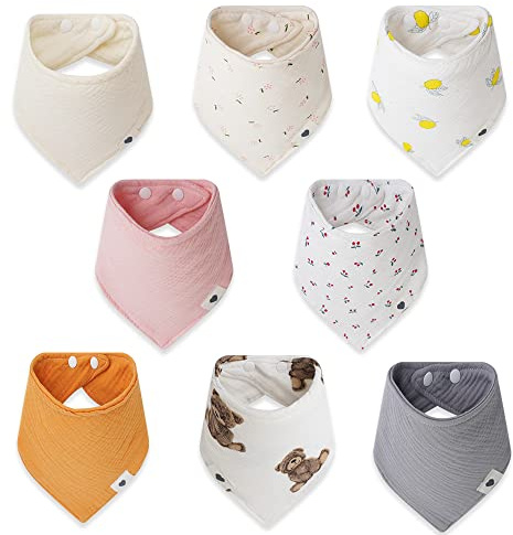 Norinori Baby Muslin Bandana Bibs - 8 Pack, 100% Cotton, Ultra Soft, Super Absorbent, Adjustable, Multifunctional, Gift Set, Unisex, Newborn to 36+ Months, Geometric Pattern
