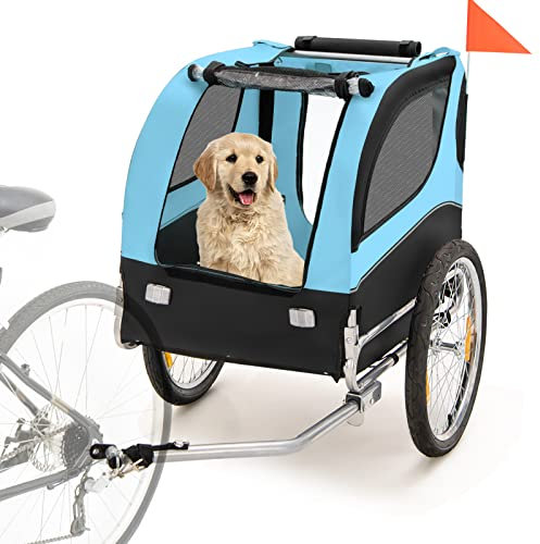 COSTWAY Rimorchio Bici per Animali, Carrello per Bicicletta per Cani di Piccola e Media taglia con Ruote da 50cm e Tettuccio Apribile, Portata 40 kg, 60,5 x 135 x 95 cm (Azzurro)