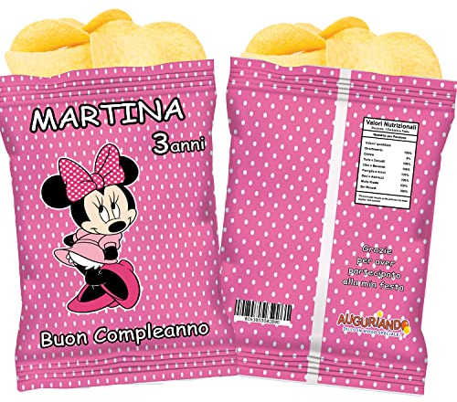 10 Buste Patatine Personalizzate Festa Compleanno Minnie da 25gr. monoporzione Regalini Gadget fine festa a tema bambini