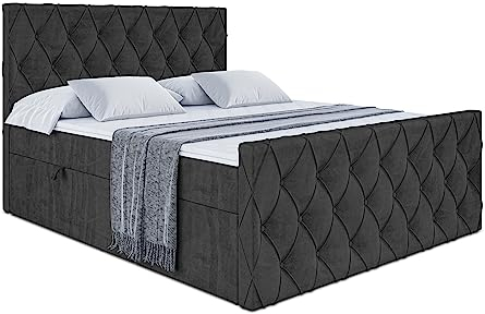 ALTDECOR Boxspringbett mit Matratze und Lattenrost, Boxbett, Fußteil, Topper, Polsterbett mit Bettkasten, Bett mit Stauraum H4-Matratze, Doppelbett, Springboxbett - Amay - 200x200 - Schwarz Samt