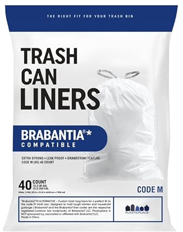 Plasticplace Bin Liners 16 Gal / 60 Litre Compatible with Brabantia (x) Code M, 1.2 Mil Thick, White Trash Bags, 27.5W x 32H, (40 Case)