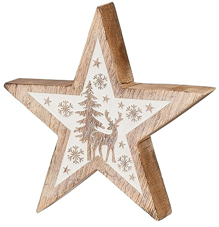 levandeo Deko-Stern Holz 20cm Natur Weiß Mango Winter Deko Tischdeko Mangoholz Holzdeko Aufsteller Unikat Holzstern Weihnachten