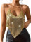 Ella Lust Sexy metallisches Kettenoberteil für Damen – Pailletten-Neckholder, tiefer V-Ausschnitt, rückenfreies Crop-Tanktop (Gold,XS,1072r)