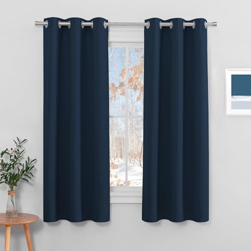 PONY DANCE Verdunkelungsvorhang Kurz Ösenvorhang 2er Set H 158 x B 106 cm Fenstervorhänge Blickdicht Thermovorhang mit Ösen Gardinen Wärmeisolierend, Dunkelblau