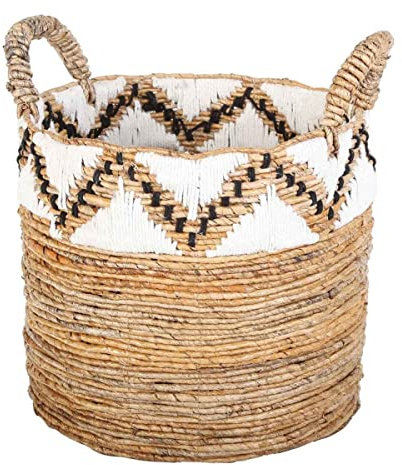 Casa Moro Flechtkorb RAJA M mit Bordüre Ø 41cm rund Höhe 47cm aus Bananenblatt geflochten | Allzweckkorb Boho Chic Wäschekorb Obstkorb Gemüsekorb Natur-Korb mit Henkel | HAR0032