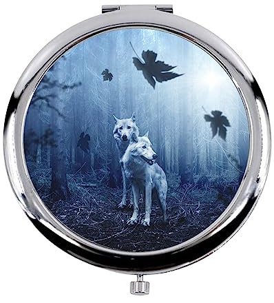 Fabulous Miroir de Poche en Métal - Couple de Loup Foret Sombre Animaux Sauvages Nature - (Diamètre 70 mm)