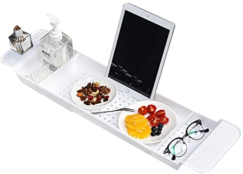Bandeja para Bañera Extensible, Estante de Baño Ajustable, Bandeja de Baño para Bañera, Mesa para Bañera, Tabla de Bañera, Organizador de Bañera para Copas de Vino, Vela, Libros, Tabletas y Teléfono