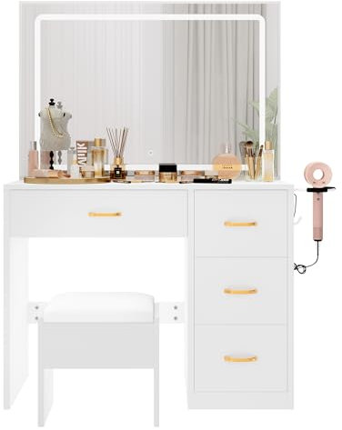 YITAHOME Dressing Table & stool set,Vanity Desk w/ 3-Color Lighting Modes LED Lights Mirror,Lights Brightness Adjustable,Vanity Table with 4 Drawers,Power Outlet,Milky-White Makeup Desk for Bedroom