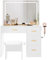 YITAHOME Dressing Table & stool set,Vanity Desk w/ 3-Color Lighting Modes LED Lights Mirror,Lights Brightness Adjustable,Vanity Table with 4 Drawers,Power Outlet,Milky-White Makeup Desk for Bedroom