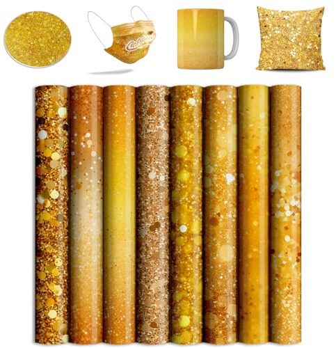 Yellow Glitter Sublimation Transfer Sheets for Heat Press Machine,Gold Sublimation Paper for Tumblers Blanks Tshirts,8 Sheets 12x12inch