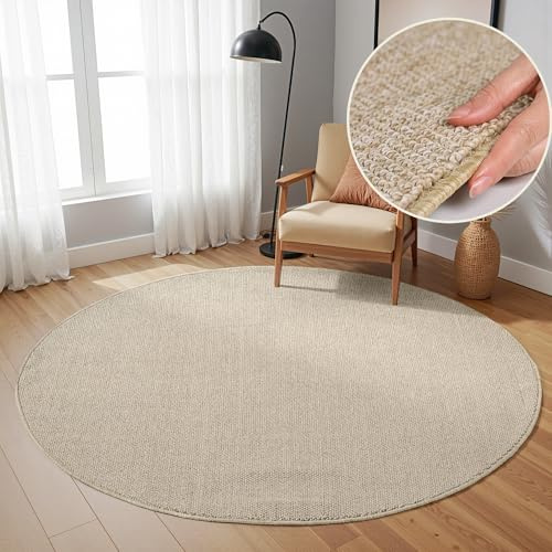 SIMPEX Runder Teppich 120 cm Beige, Einfarbig & Pflegeleicht, Weicher Schlingenflor für Flur oder unter Beistelltisch, Modern & Dekorativ