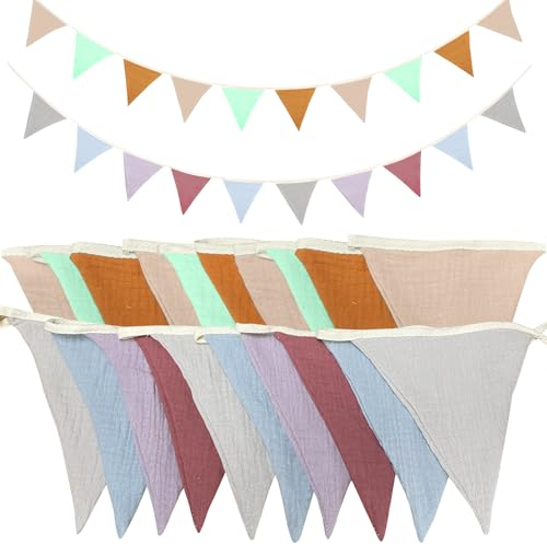 2 X 2,6 Meter Wimpelkette Kinderzimmer, Stoff Kinderzimmer Babyzimmer Deko zum Aufhängen, Musselin Baumwolle, Weich & Verspielt Mehrfarbig Dreieck Flaggen(Morandi-Kaffee + Morandi-Grau)