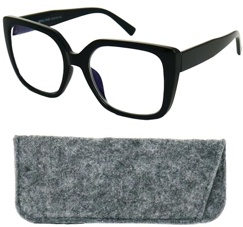 Blaufilter Damen Stilvolle Schmetterling mit großen kratzfesten Gläsern, Gratis Etui, Kunststoff Dicker Rahmen Rechteckig (Schwarz), Blaulichtfilter Brille +1.5 Dioptrien