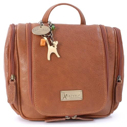 Catwalk Collection Handbags - Grand Trousse de Toilette Femme Cuir - Sac Cosmétique Voyage avec Poignée - Sac de Lavage/Maquillage - Maisie - Tanne