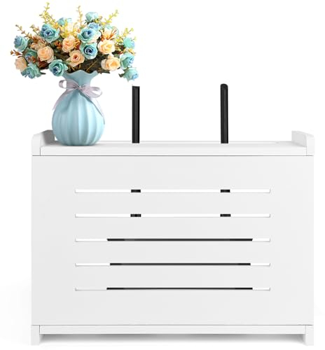 BEARUT Router-Regal, Wandhalterung, WiFi-Router, Aufbewahrungsbox, Modem-Kabel, Router-Abdeckung, organisierte Steckdosenleiste, Kabelmanagement, Hider Rack aus Massivholz, Montage erforderlich, Weiß