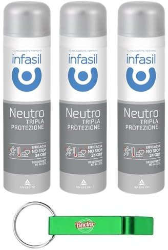 3 x Infasil Deodorant-Spray Neutral Dreifach-Schutz, Schutz und Wirksamkeit gegen Schweiß und schlechte Gerüche, Deo 150 ml + Schlüsselanhänger Beni Culinari gratis