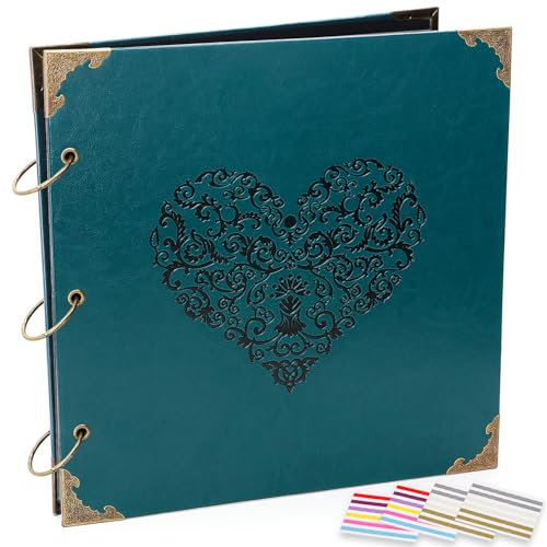 ADVcer Photo Album DIY Scrapbook, 10x10 inch 50 Pages Vintage Leather Cover Three-Ring Binder Love Picture Booth Albums with 408pcs Self Adhesive Photos Corners for Memory Keep, Heart (Jasper Green)