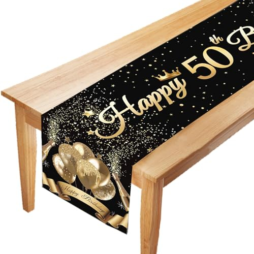LUKIUP Tischläufer 50 Geburtstag, Schwarz Gold Happy 50th Birthday Tischband zum 50. Geburtstag, Feier Party Dinner Tisch Leinen Tuch Deko für Männer Frauen Jahrestag Zuhause Küche Draußen