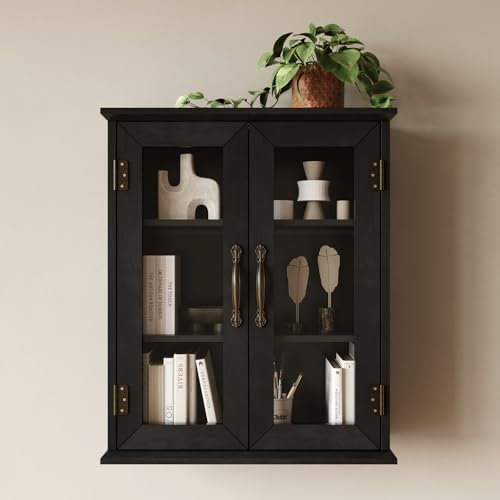 ChooChoo Holz Medizinschrank mit Acryltüren, Badezimmer Wandschrank mit verstellbaren Ablagen über der Toilette, Rustikaler Schrank Wandmontage für Badezimmer, Küche, Wohnzimmer, Massivholz Schwarz