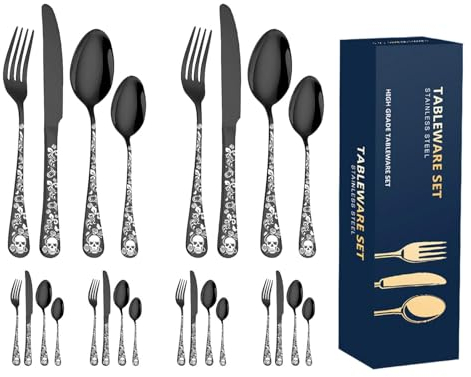 Ensemble de couverts à Motif de Crâne, Ensemble d'argenterie de crâne Gothique, Fourchettes et Cuillères de Cuisine Portables, Cadeau Uniqueustensiles de Table pour événement d'Halloween, Noir