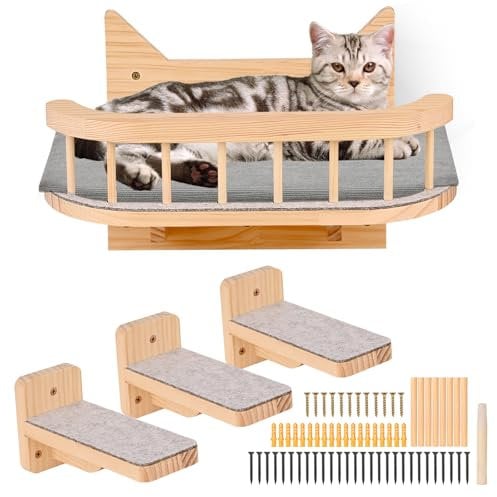 Hamac Mural pour Chat avec 3 Étapes - Meuble avec Coussin Gris, Étagères et Perchoirs - Arbre à Chat pour Escalade, Dormir, Jouer