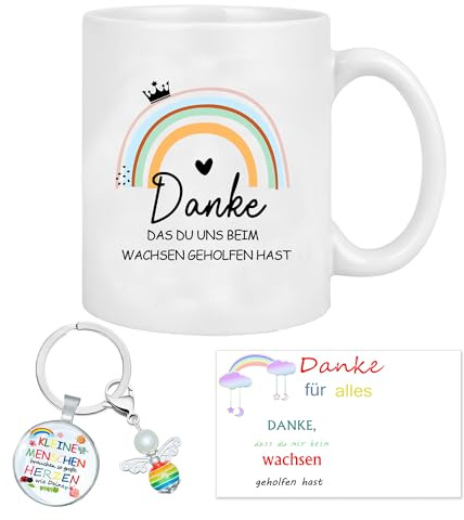 Danke, dass du Mir beim Wachsen geholfen hast ,Dankeschön-Geschenk für Erzieherin, Lehrer, Kindermädchen, Kaffeebecher mit Anhänger – Schlüssel Dankeskarte Schule Kindergarten Ideen Abschiedsgeschenke