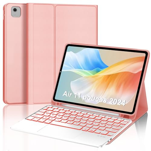 WAVATA Clavier Magnétique pour iPad Air/Pro 11 M2/M3 Air 5ème/4ème 10.9 avec Pavé Tactile Rétroéclairé Français AZERTY, Or Rose