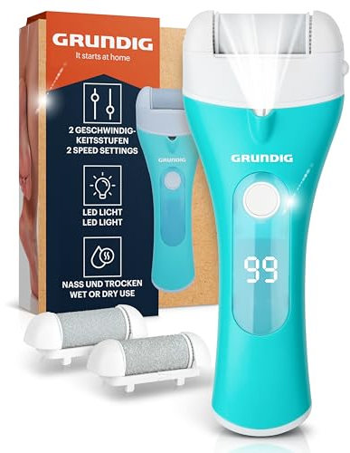 Grundig Hornhautentferner elektrisch Pro - schnell Hornhaut entfernen ohne Bücken - Premium Akku Hornhaut Entferner nass + trocken mit Arbeitslicht, 3 Fuß Rollen, wiederaufladbar (Hornhautentferner)