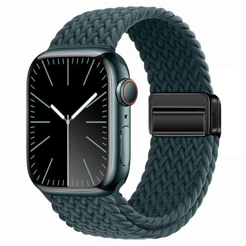 gratulatio Compatible with Apple Watch Strap 49mm 46mm 45mm 44mm, Elasticated Magnetic Nylon Strap Band for IWatch Series 10/9/8/7/6/5/4/SE/SE 2/Ultra 3/2 Men Rainforest Green
