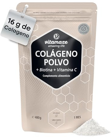 Péptidos de Colágeno Hidrolizado en Polvo con Biotina y Vitamina C. Alta Dosis de 16g diarios para Piel, Cabello, Uñas y Articulaciones. Alta Biodisponibilidad. Sabor Neutro. 480 g. Vitamaze