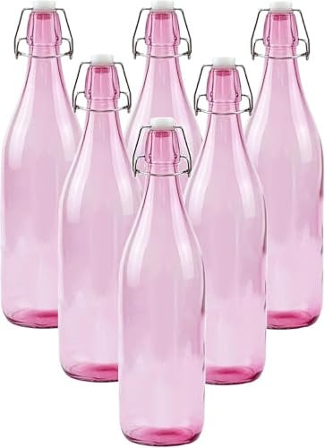 KWARE Vintage Style Glass Bottles 1 Litre Swing Top Bottles - Ideal for Domestic or Commercial Use - Fill with Water, Wine, Liquor, Oil, Beer, Schnapps or Cordials (PINK)
