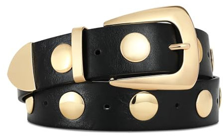 RISANTRY Schwarzer Damengürtel mit goldfarbener Schnalle, modischer Ledergürtel, Punk-Taillengürtel, Nietengürtel für Jeanskleid, Schwarz, XL: Fit Waist Size 39-43