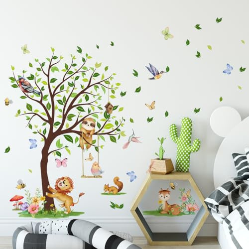 Purekay Wandtattoo Dschungel Tiere Groß Baum Wandaufkleber Löwen Affen Vögel Eichhörnchen Schmetterlinge Bienen Wandsticker Babyzimmer Kinderzimmer Schlafzimmer Wohnzimmer Wanddeko