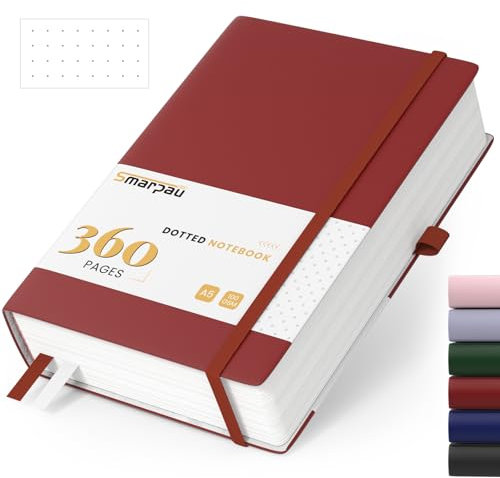 Smarpau Notizbuch A5, Hardcover Gepunktetes Journal Buch mit 360 Seiten, Premium 100gsm Tintenfestes Papie Dickes, Leder Notizbucher für Frauen Männer Arbeit Büro Schule, 14.5 x 21cm-Dunkelrot