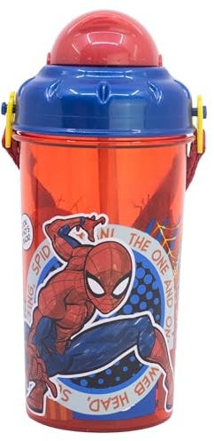 Stor Spiderman - Bottiglia per bambini in plastica con cannuccia, tappo con cinturino da 465 ml