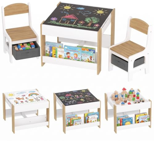 HOMCOM 3 Piece Kids Table and Chair Set, 3 in 1, Natural Wood | Kids Desk and Chair Set, Blackboard, Storage, Bookshelves, for Nursery, Playroom, Classroom, Tables for Home Schooling