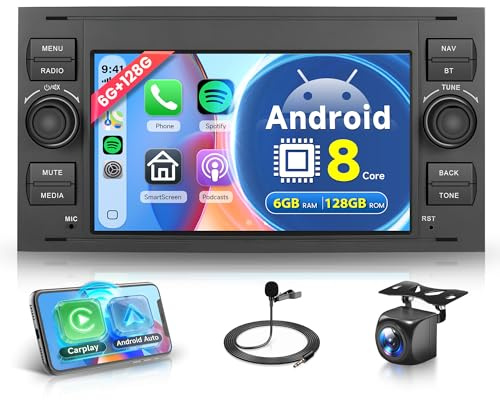 8 Core 6G+128G Android Radio Coche para Ford Focus C-MAX S-MAX Kuga Fiesta Transit Fusion Mondeo Galaxy Connect Inalámbrico Carplay Android Auto 7 Pulgadas Radio GPS WiFi Bluetooth FM/RDS/DSP EQ/SWC