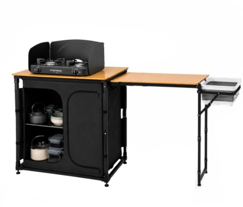 OLPRO Bamboo Camping Kitchen Table with Side Table – Foldable Camp Kitchen with Storage Cupboard, Windscreen & Washing Bowl Holder – Outdoor Cooking Station for Camping, Campervan & Caravan