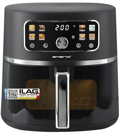 EMERIO Heißluftfritteuse mit 5,7L | neuartiges FARB-DISPLAY & Sichtfenster | PFAS freie ILAG Beschichtung | AirFryer > Frittieren ohne Öl | 8 Programme | Timer | schnelle Aufheizung | AF-133253.1