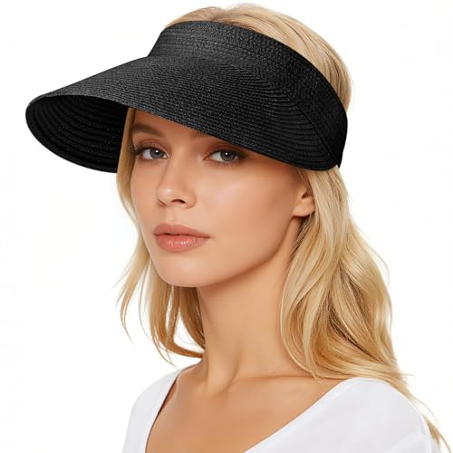 YEAMLTE Visiera Paglia Donna, Visiere Ripiegabili Cappelli, Visiera Donna, Spiaggia da Mancare UPF 80+, Visiera Donna da Sole, per Le Vacanze Estive al Mare, i Viaggi e i Picnic (Nero)