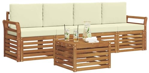 vidaXL Sofagarnituren 5 pcs Natur und Creme Massivholz Akazie, Moderne, langlebige Garten-Sofagarnitur, sectionale Möbel für Patio, Terrasse, entspannte Sitzgelegenheit