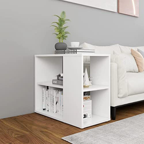 QUAHEAS Side Table White Wood Material 60 x 30 x 50 cm with 2 Shelves, Storage Space Side Shelf for Living Room, Sturdy Storage Table Next to Sofa, Easy to Clean, Versatile Sideboard Furniture