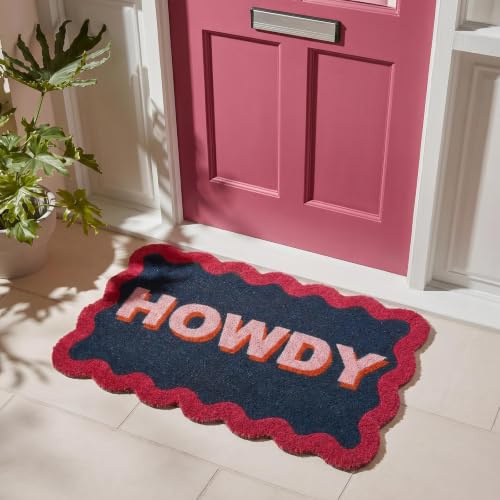 OHS Howdy Scallop Door Mat Outdoor Indoor Welcome Mat,Navy/Burgundy 40x60cm | Stylish Coir Door Mats Non-Slippery Heavy Duty Washable Door Mat Entrance Entryway Perfect for Dirt Trapping