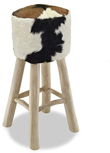 tidyard Fellhocker Holzhocker mit Fellbezug, Polsterhocker aus Teak und Echtes Ziegenleder, Handgefertigt, Rund, 60 x 30 x 50 cm (L x B x H)