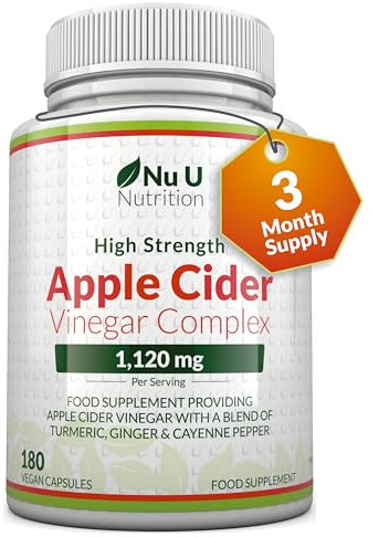 Apple Cider Vinegar 1120mg - 180 Vegan Capsules - 3 Month Supply - Complex with Turmeric, Cayenne Pepper & Ginger Extracts - Made in The UK - Nu U Nutrition