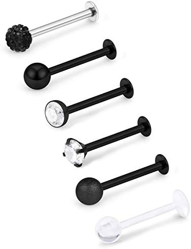 Mayhoop 6er 16G 1.2mm Knorpel Tragus Helix Piercing Chirurgenstahl CZ Lippenpiercing Labret Stecker 6 Stil 8mm Schwarz