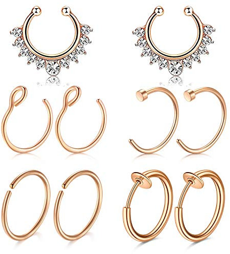 Mayhoop 10Stk Fake Piercings Nasenring Septum Edelstahl Rosegold Nase Face Piercing Lippe Ohr Ring Hoop für Männer Damen