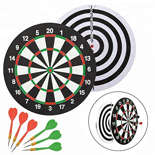 O&W Security Dartscheibe Dart Set 43,5 cm inkl. 6 Feilen mit Metallspitzen klassisch und Schwarz Weiß spielbar hochwertig ideal für die ganze Familie